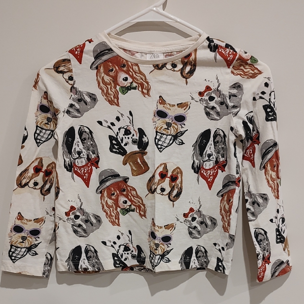 Zara Kids Long Sleeve Dog Print Tee - Cream and Brown, Casual, Cozy, Play Dates